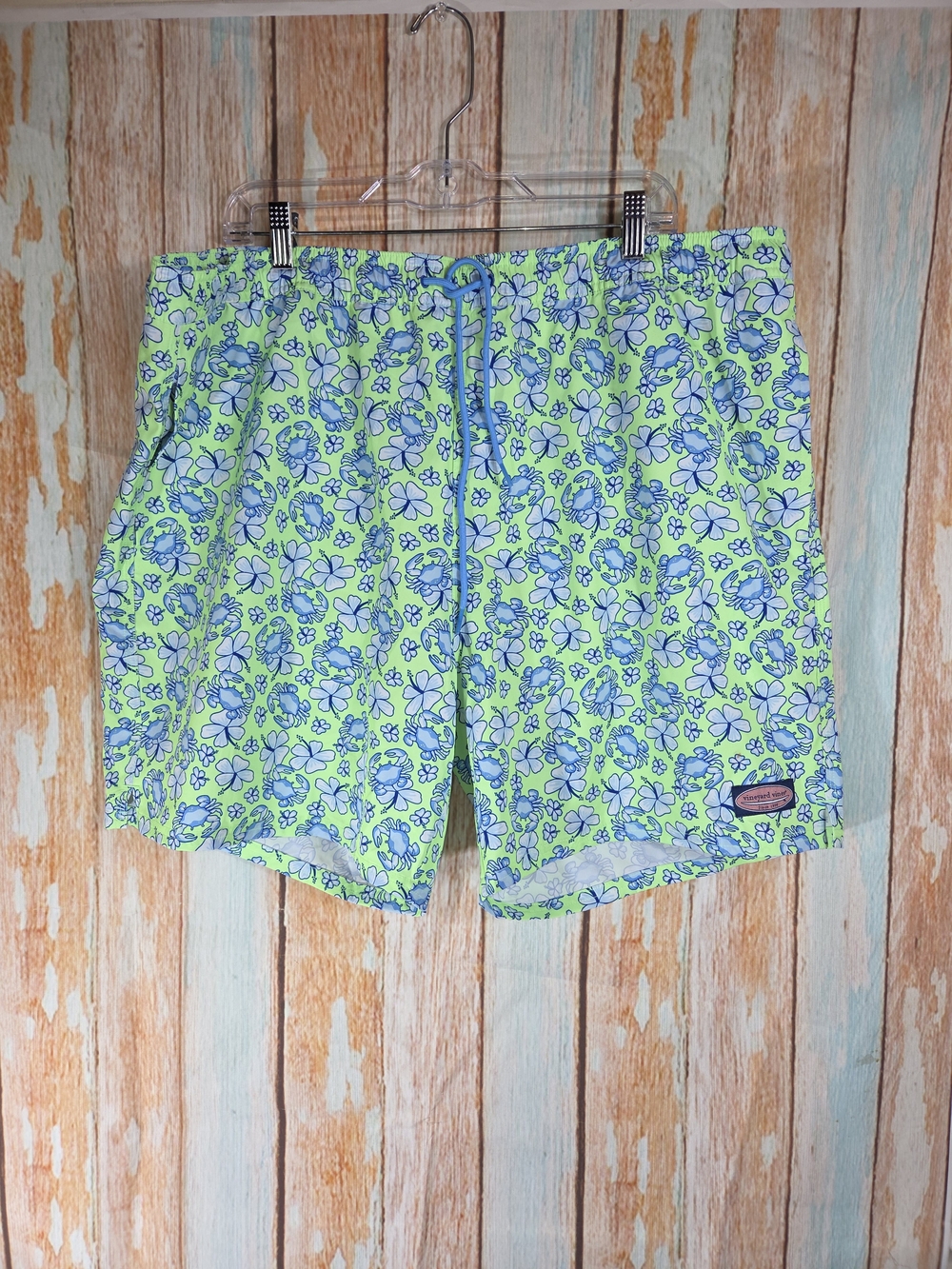 Vineyard Vines Lime Green & Blue Crab Floral Swim Trunks. Plus Size